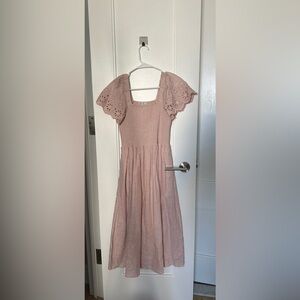 Madewell Linen-Blend Eyelet-Sleeve Lucie Smocked Midi Dress in Wisteria Dove